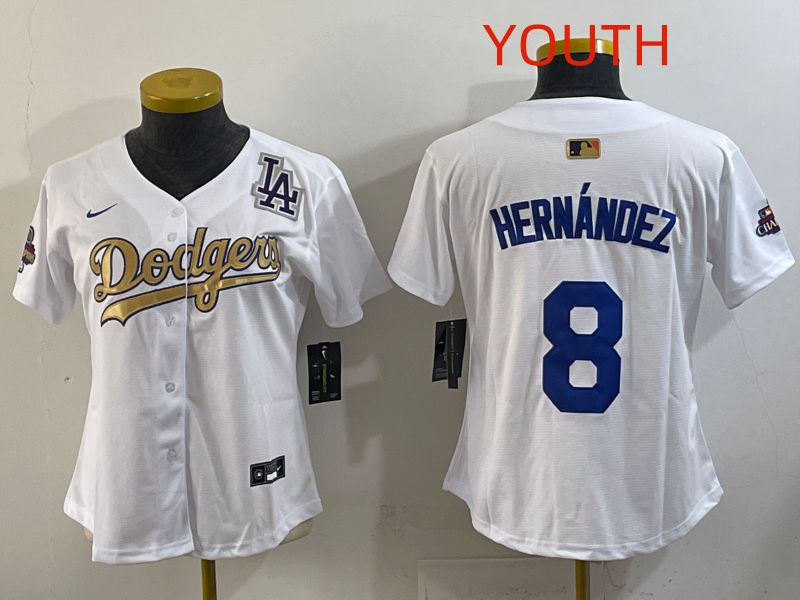 Youth Los Angeles Dodgers #8 Hernandez White Champion edition Nike MLB Jersey style 005